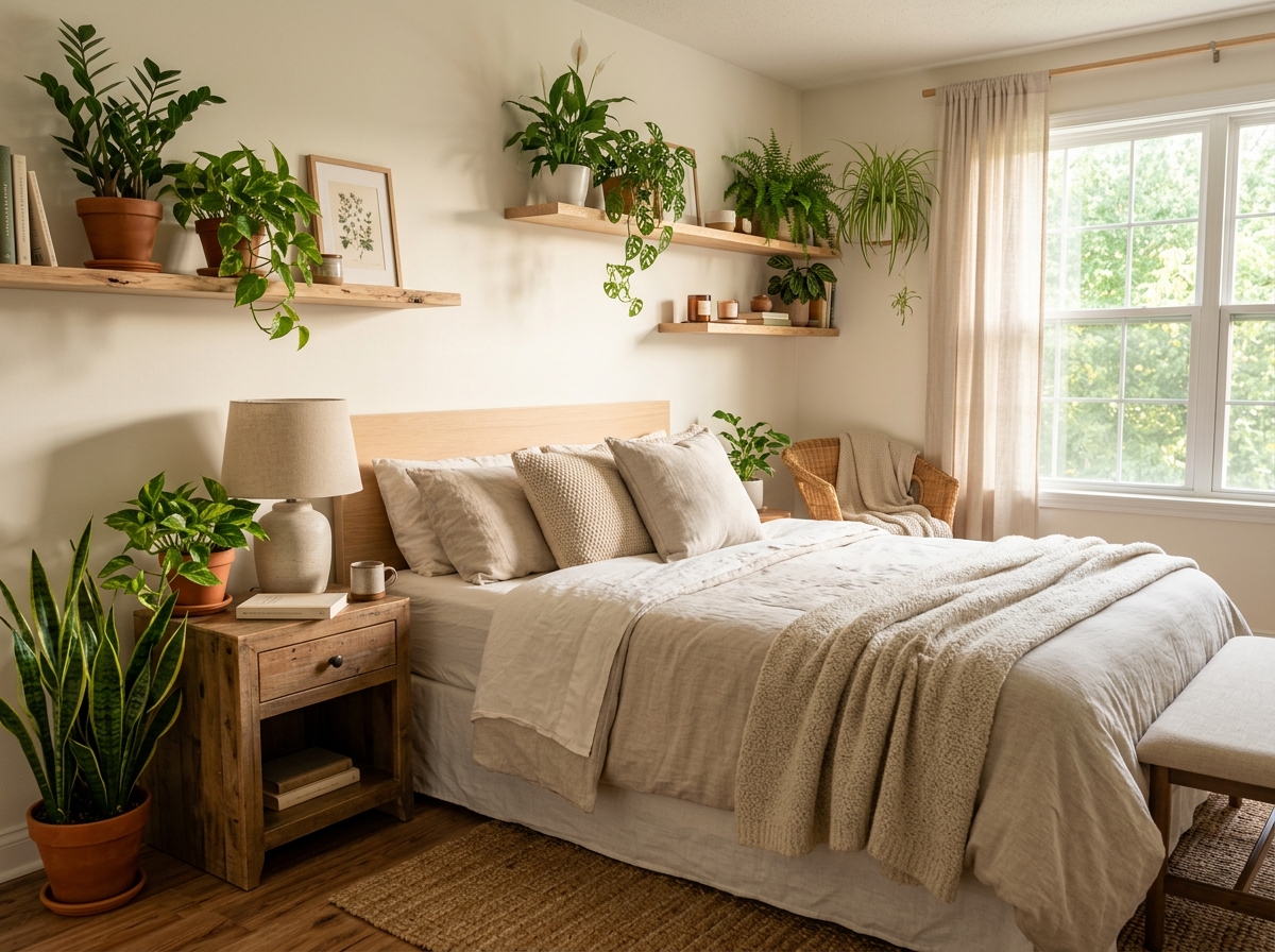 Calm bedroom with indoor air purifying plants