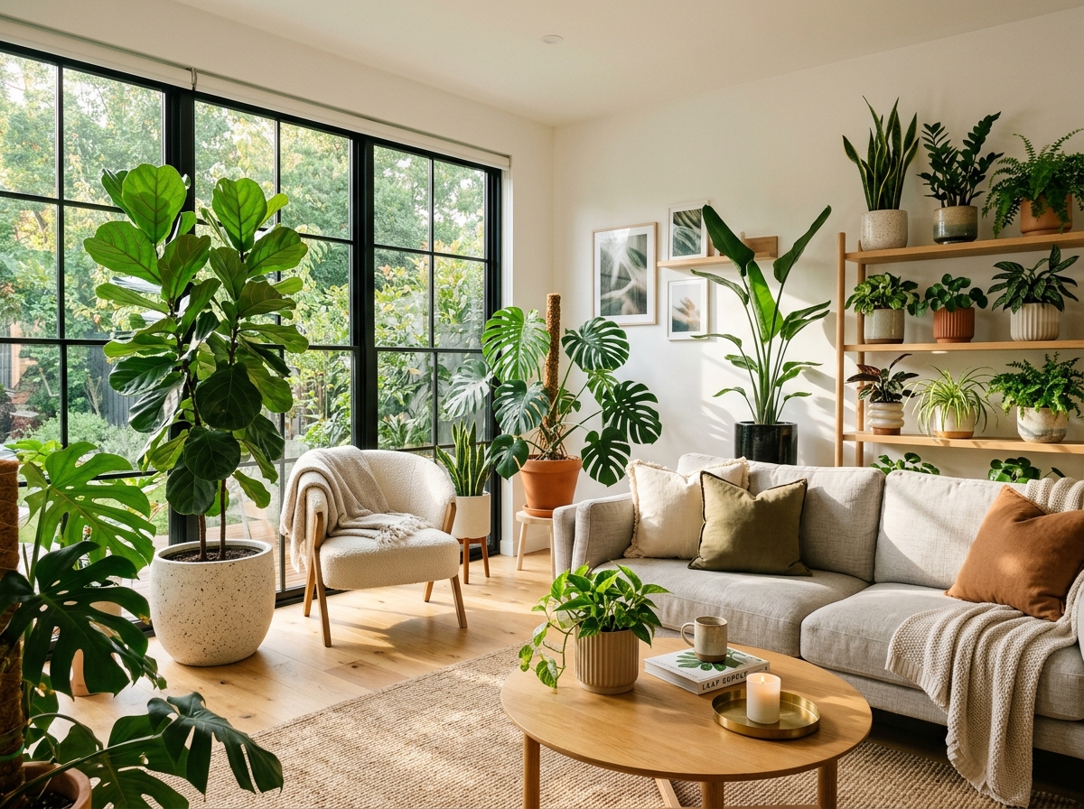 Modern living room with beautiful indoor plants